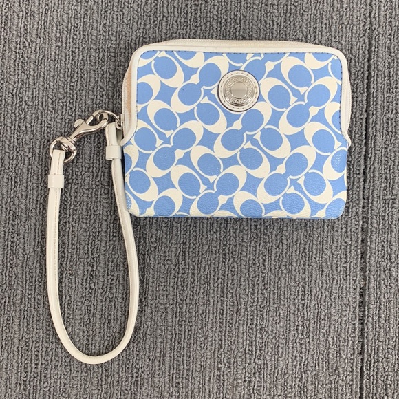 Coach Wristlet Wallet Womens Small Blue White Coated Canvas Signature Clutch - Picture 2 of 15